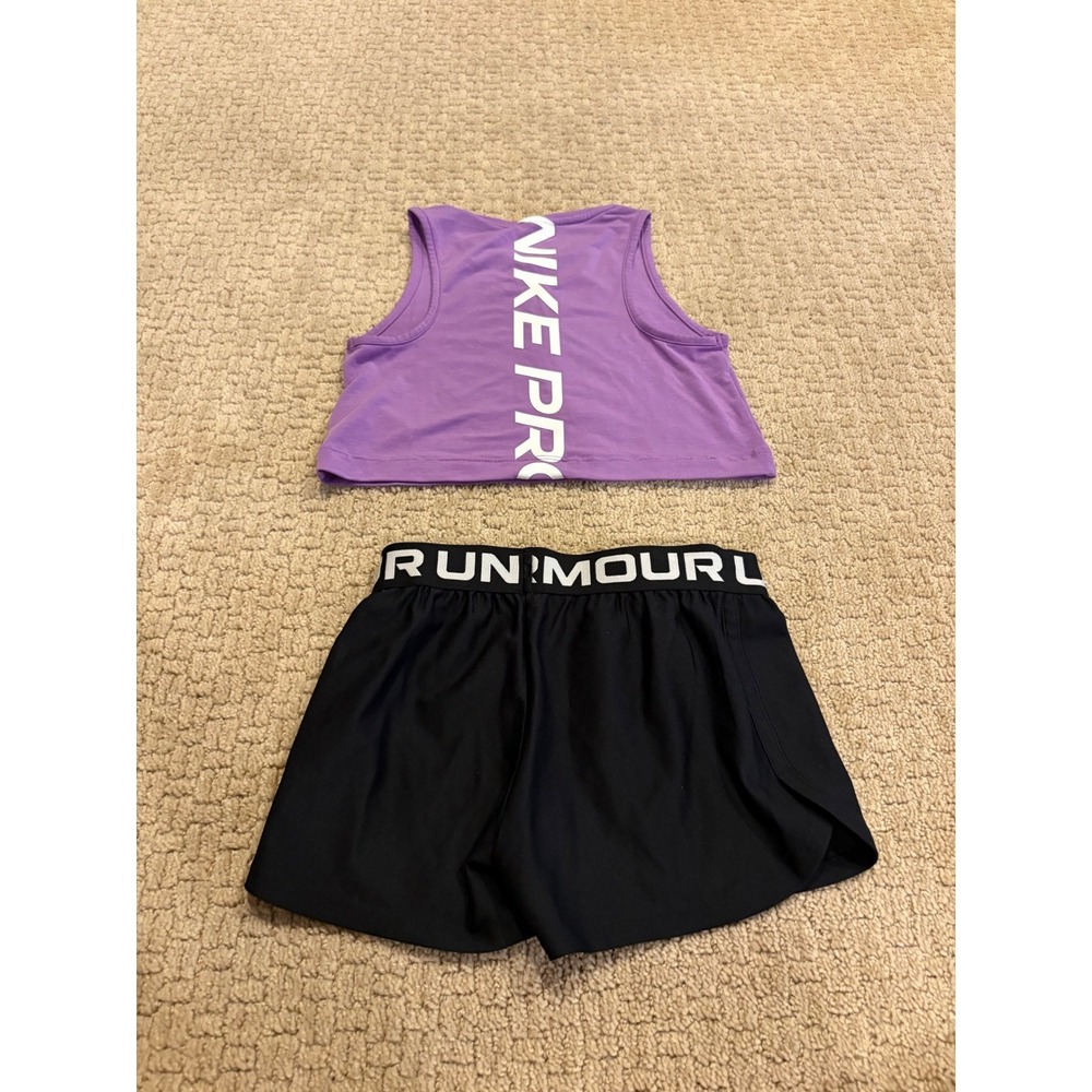 Nike Pro Purple Crop Tank Top  Under Armour Black Shorts Athletic Set Kids YXS
